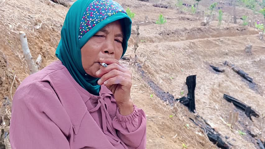 Authentic portrait: An elderly Indonesian Muslim farmer takes a smoke break on cleared slopeland. Symbolic of rural laborer