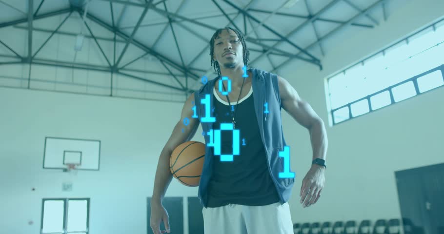 Athlete holding basketball while camera zooming in, revealing binary code visualizing sports data. Sports, technology, digital, fitness, motion, atmosphere, modern