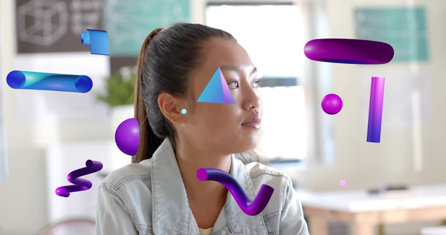 woman turning head right causing purple rings blue shapes drifting around face during tech demo. Abstract, motion, innovation, futuristic, workspace, visualization, creativity