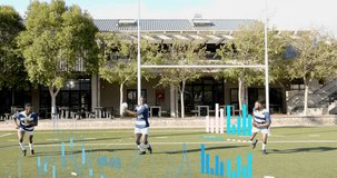 Three rugby players starting lateral shuffle on turf with data graphs analyzing sports performance. Athletes, teamwork, training, fitness, analytics, visualization, sport - Powered by Shutterstock - Get 15% off with code: PIKWIZARD15