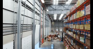 On scan holograms materializing near red-blue racks while camera panning revealing storage zones. Industrial, technology, warehousing, logistics, automation, digital, futuristic - Powered by Shutterstock - Get 15% off with code: PIKWIZARD15