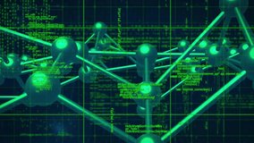 Green spheres emerging rotating forming node lattice representing digital network with code streams. Cyberspace, technology, futuristic, data, connectivity, innovation, abstract - Powered by Shutterstock - Get 15% off with code: PIKWIZARD15