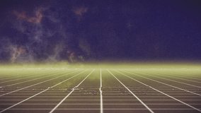 Retro grid network initially fading over neon horizon on start, glitching pulses showing simulation. Futuristic, digital, cyber, technology, abstract, neon, virtual - Powered by Shutterstock - Get 15% off with code: PIKWIZARD15