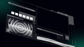 Interface launching grid pulsing, bars oscillating, rings rotating, icons moving showing metrics. Futuristic, neural, analytics, visualization, technology, innovation, digital - Powered by Shutterstock - Get 15% off with code: PIKWIZARD15