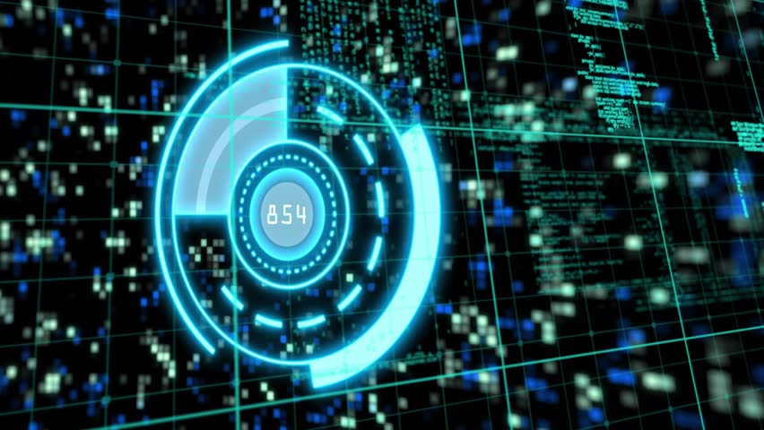 Opening neon grid matrix, gauge rotating wedges and oscillating numbers showing data shifts. Futuristic, digital, holographic, data visualization, technology, cyber, immersive - Powered by Shutterstock - Get 15% off with code: PIKWIZARD15