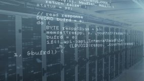 After pause, server cabinets static, C++ code fading, scrolling, evolving networking to geometry. Technology, cybersecurity, binary, digital, infrastructure, innovation, programming - Powered by Shutterstock - Get 15% off with code: PIKWIZARD15