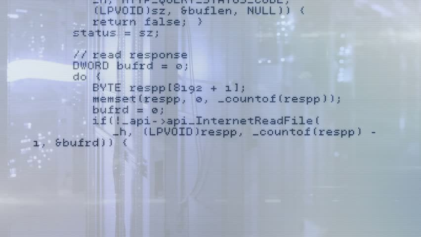 Opening code overlay starting scrolling, showing constructors, open method, geometry, response loop. Technology, cybersecurity, data visualization, digital interface, programming, innovation, software
