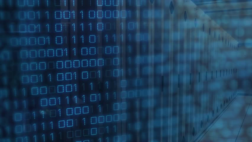 Binary digits appearing over server corridor, scrolling while camera drifting revealing data center. Futuristic, digital, technology, cybersecurity, innovation, abstract, networking - Powered by Shutterstock - Get 15% off with code: PIKWIZARD15