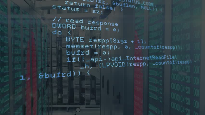 Opening showing C++ overlay scrolling between server racks revealing HTTP setup and intersection. Technology, cyber, programming, data, computing, network, digital - Powered by Shutterstock - Get 15% off with code: PIKWIZARD15