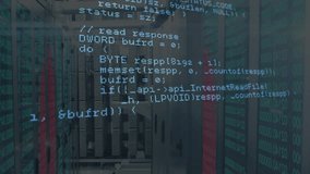 Opening showing C++ overlay scrolling between server racks revealing HTTP setup and intersection. Technology, cyber, programming, data, computing, network, digital - Powered by Shutterstock - Get 15% off with code: PIKWIZARD15