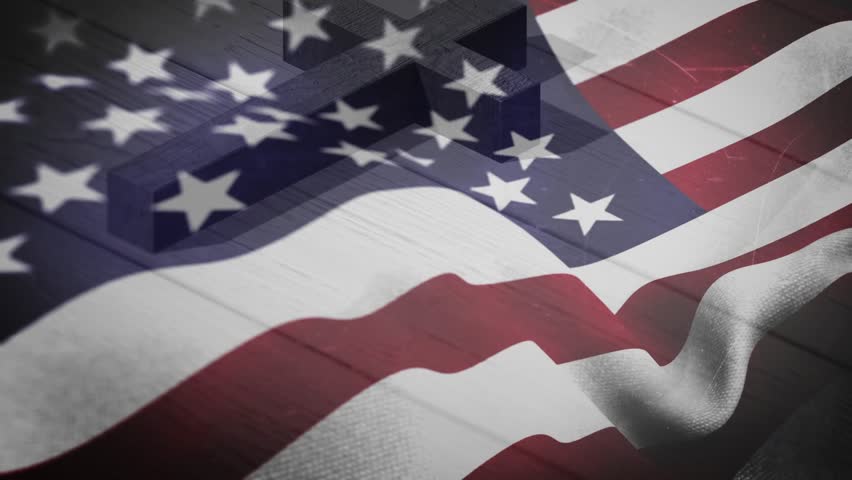 Simulated breeze causing waving American flag pattern rippling stripes and stars revealing wood. Patriotism, national pride, fabric texture, americana, legacy, symbolism, heritage