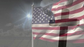 American flag on pole fluttering in light breeze, rippling stripes showing cross under sun, clouds. Patriotism, outdoor, breeze, fabric, symbolism, ceremony, landscape - Powered by Shutterstock - Get 15% off with code: PIKWIZARD15