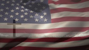 On scene start, American flag over cross silhouette beginning rippling and showing shifting folds. Patriotism, symbolism, nationalism, heritage, fabric, motion, reverence - Powered by Shutterstock - Get 15% off with code: PIKWIZARD15