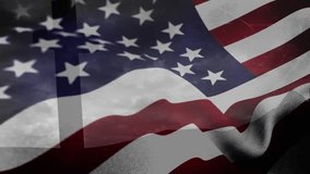 On loop start United States flag waving before fixed cross silhouette emphasizing smoky texture. Patriotism, faith, symbolism, abstract, motion, reverence, spirituality - Powered by Shutterstock - Get 15% off with code: PIKWIZARD15