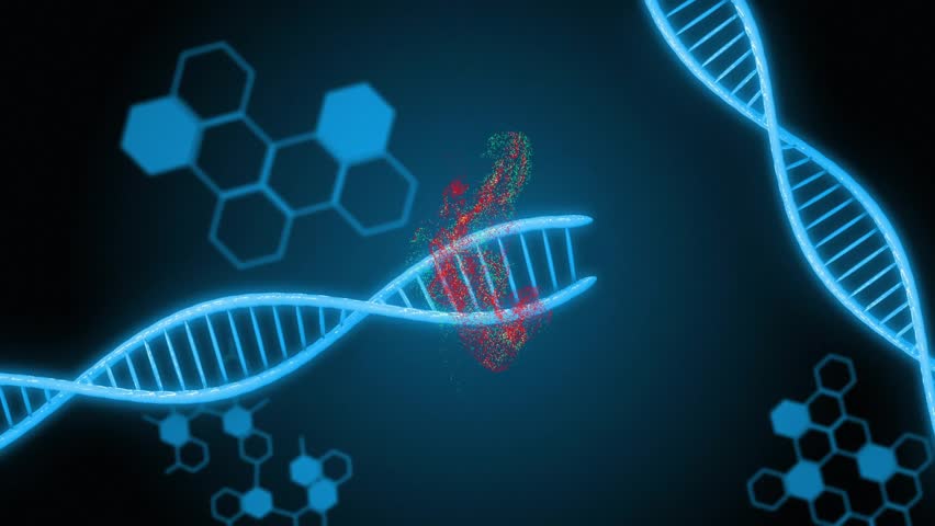 spiraling blue DNA helix entering view swirling red green particles showing molecular interactions. Biotechnology, data visualization, molecular science, scientific animation, futuristic design, - Powered by Shutterstock - Get 15% off with code: PIKWIZARD15