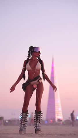 women dancing in desert at music fest 