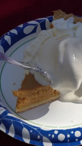 Savor a close-up shot of pumpkin pie topped with creamy ice cream on a sunny day. The dessert sits invitingly on a decorative plate, highlighting its rich texture in this vertical video.