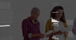 Colleagues tapping tablets unlocking cloud icon, animating bar pie org charts uniting business data. Collaboration, analytics, data visualization, digital workspace, teamwork, corporate, business - Powered by Shutterstock - Get 15% off with code: PIKWIZARD15