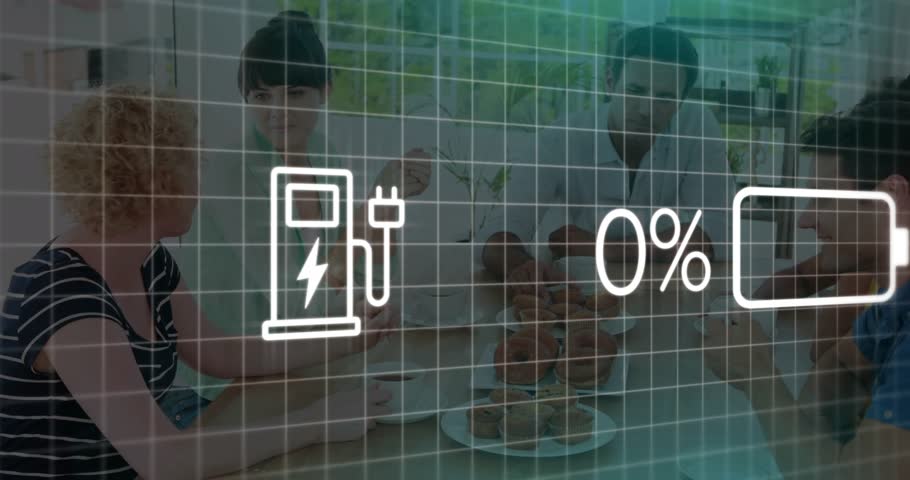 Eco charge overlay rising from 9% to 100% guiding colleagues lifting then lowering mugs. Collaboration, teamwork, innovation, professional, enterprise, communication, modern