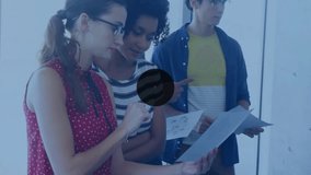 Team tapping tablet during planning meeting causing user icons branching into network across frame. Collaboration, innovation, brainstorming, digital, connectivity, teamwork, modern - Powered by Shutterstock - Get 15% off with code: PIKWIZARD15