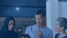 Woman tapping tablet and team swiping phones forming glowing network overlay for business teamwork. Collaboration, networking, technology, innovation, digital, teamwork, modern - Powered by Shutterstock - Get 15% off with code: PIKWIZARD15