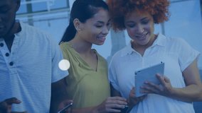 Three colleagues glancing at devices, causing floating icons and nodes connecting into tech network. Collaboration, connectivity, innovation, teamwork, digital, communication, modern - Powered by Shutterstock - Get 15% off with code: PIKWIZARD15