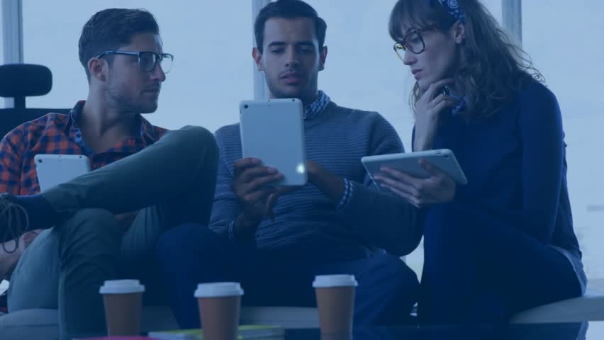 Tech team glancing tablets sparking shopping cart lock icons networking enabling secure commerce. Technology, innovation, cybersecurity, digital connectivity, team collaboration, modern workspace, - Powered by Shutterstock - Get 15% off with code: PIKWIZARD15