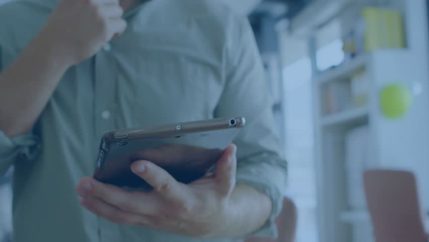 Office man initiating tap on smartphone screen while guiding icons illustrating business data flow. Technology, innovation, digital, workspace, communication, analytics, professional - Powered by Shutterstock - Get 15% off with code: PIKWIZARD15