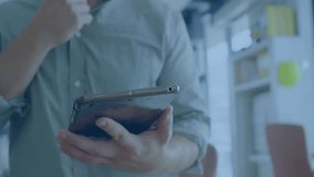 Office man initiating tap on smartphone screen while guiding icons illustrating business data flow. Technology, innovation, digital, workspace, communication, analytics, professional - Powered by Shutterstock - Get 15% off with code: PIKWIZARD15