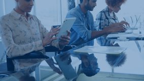 Left colleague scrolling tablet activating framewide icons while teammates coding for tech project. Collaboration, teamwork, digital workspace, modern design, innovation, productivity, corporate - Powered by Shutterstock - Get 15% off with code: PIKWIZARD15