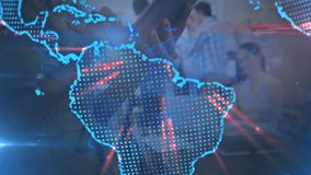 Globe dissolving revealing business team reviewing data with tablet tapping, whiteboard drawing. Technology, collaboration, innovation, digital, teamwork, modern, analysis - Powered by Shutterstock - Get 15% off with code: PIKWIZARD15