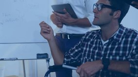 Colleagues sketching whiteboard, viewing tablet as overlay icons appearing visualizing tech network. Collaboration, brainstorming, digital connectivity, teamwork, innovation, modern office, - Powered by Shutterstock - Get 15% off with code: PIKWIZARD15