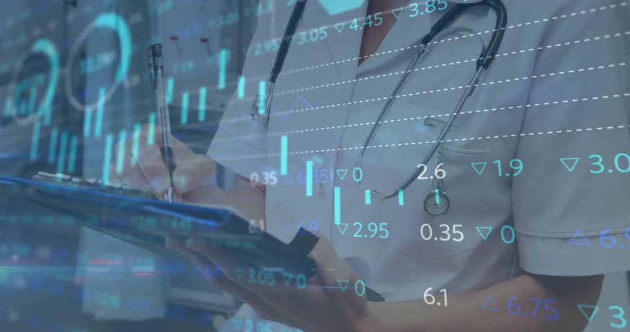 Female doctor analyzing clinic finance writing on clipboard while graphs shift before bold smile. Medical, professional, corporate, data visualization, healthcare, analytics, confident