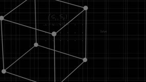 Opening wireframe cube overlay, formulas appearing and terminal interface loading code showing flow. Futuristic, digital, networking, cybersecurity, tech, interface, data visualization - Powered by Shutterstock - Get 15% off with code: PIKWIZARD15
