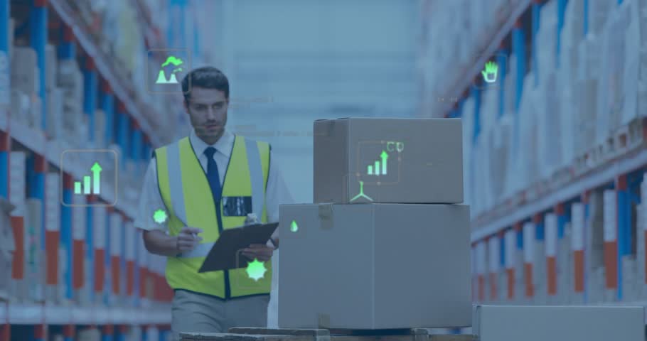 Warehouse inspector entering aisle, inspecting pallet boxes and monitoring data icons around stack. Logistics, inventory, supply chain, industrial, data visualization, safety, analysis