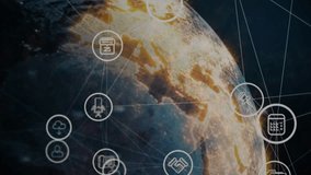 On startup 3D globe rotating with icons emerging and connecting for visualizing global connectivity. Planet, digital, cyberspace, technology, innovation, networking, connectivity - Powered by Shutterstock - Get 15% off with code: PIKWIZARD15