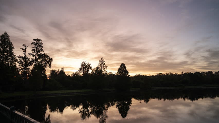 Captivating sunrise over an Orlando, Florida lake. Vibrant hues reflect on calm waters, surrounded by silhouetted trees. Tranquil, serene ambiance with soft morning light.