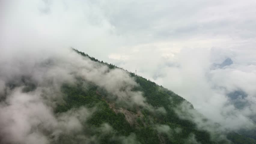 Drone footage moves in towards a tree covered mountain side that has low lying fog all around.
