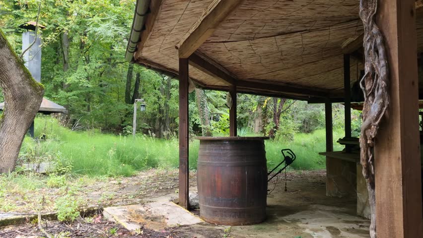 Old wooden cabin with a rustic barrel under a covered porch, surrounded by green forest. Peaceful rural atmosphere, perfect for travel, countryside lifestyle, or cinematic background.