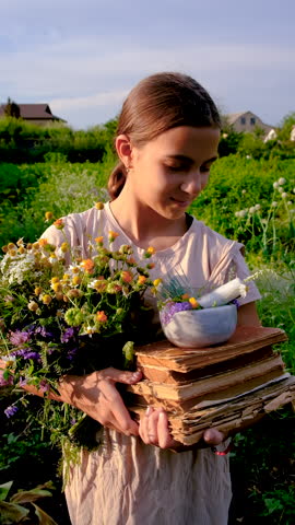 Woman with medicinal herbs. Selective focus.