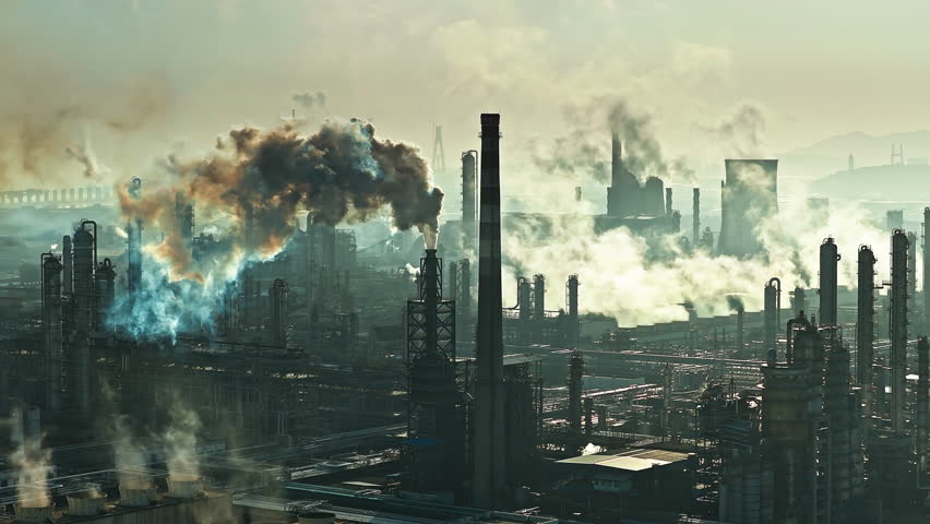 Aerial shot of an oil refinery and chemical plant industrial complex with smokestacks emitting smoke, causing air pollution.