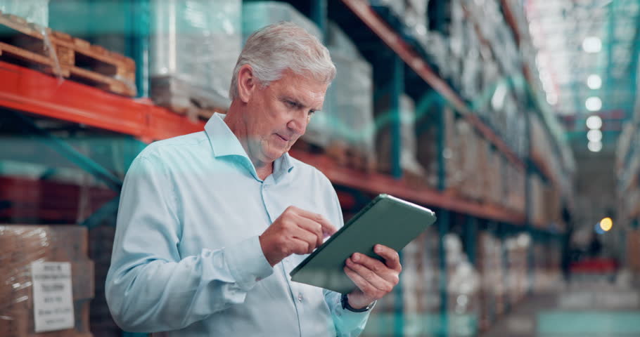 Overlay, tablet and thinking with man in shipping depot for inventory, stock or storage statistics. App, digital checklist and supply chain data with mature employee in warehouse for online logistics