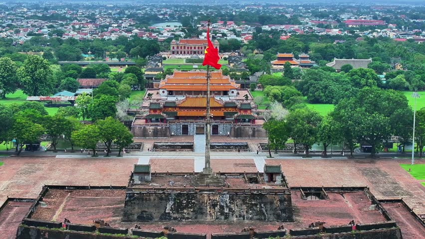 Aerial view of Hue Citadel and view of Hue city, Vietnam. Imperial Royal Palace of Nguyen dynasty. Travel and landscape concept