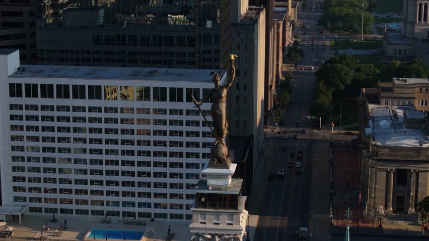 Cinematic Orbiting Drone Shot above Lady Victory at Monument Circle, Indianapolis