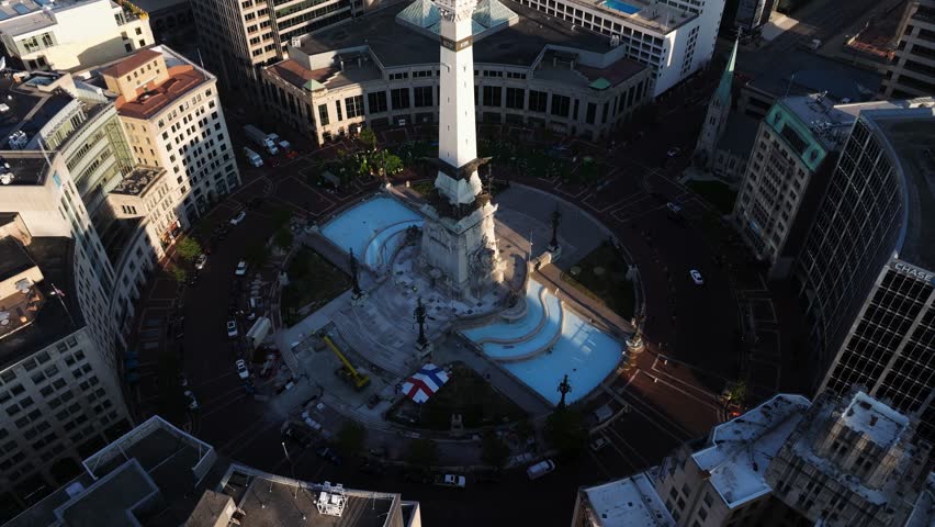 Aerial Pullback Reveals Monument Circle at Sunrise in Indianapolis