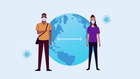 A young couple wearing medical masks for COVID-19 protection practice social distancing while standing on the Earth planet, symbolizing global pandemic awareness and shared responsibility for health s - Powered by Shutterstock - Get 15% off with code: PIKWIZARD15