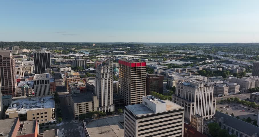 Aerial view of downtown Dayton presents a captivating tapestry of towering skyscrapers and urban infrastructure bathed in the soft glow, Dayton, Ohio, United States.