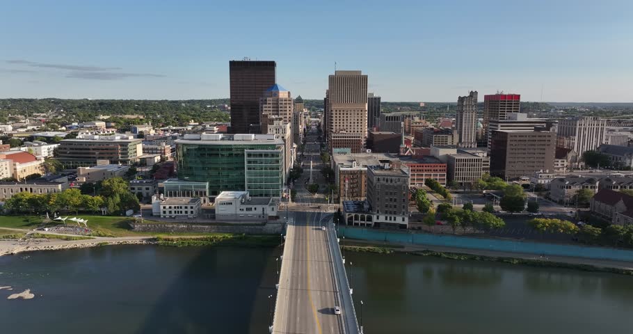 Aerial view of Dayton buildings and a street with a mix of architectural styles, showcasing the urban landscape, Dayton, Ohio, United States.