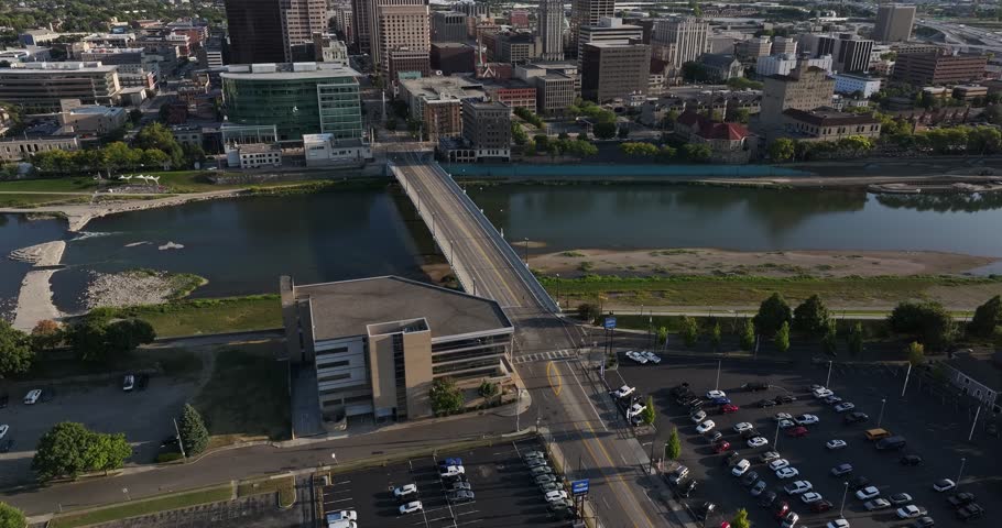 Aerial view of the bridge crossing the river near Downtown Dayton, a mix of modern buildings and historic architecture, Dayton, Ohio, United States.