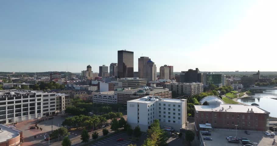 Aerial view of Dayton, Ohio, showcasing skyscrapers, bridges over the river, and a geodesic dome amidst the urban landscape, Dayton, Ohio, United States.
